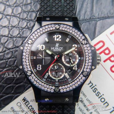 H6 Factory Hublot Big Bang 42mm 7750 Chronograph Watch -  Black Steel Case Diamond Bezel 542.CM.1770.RX